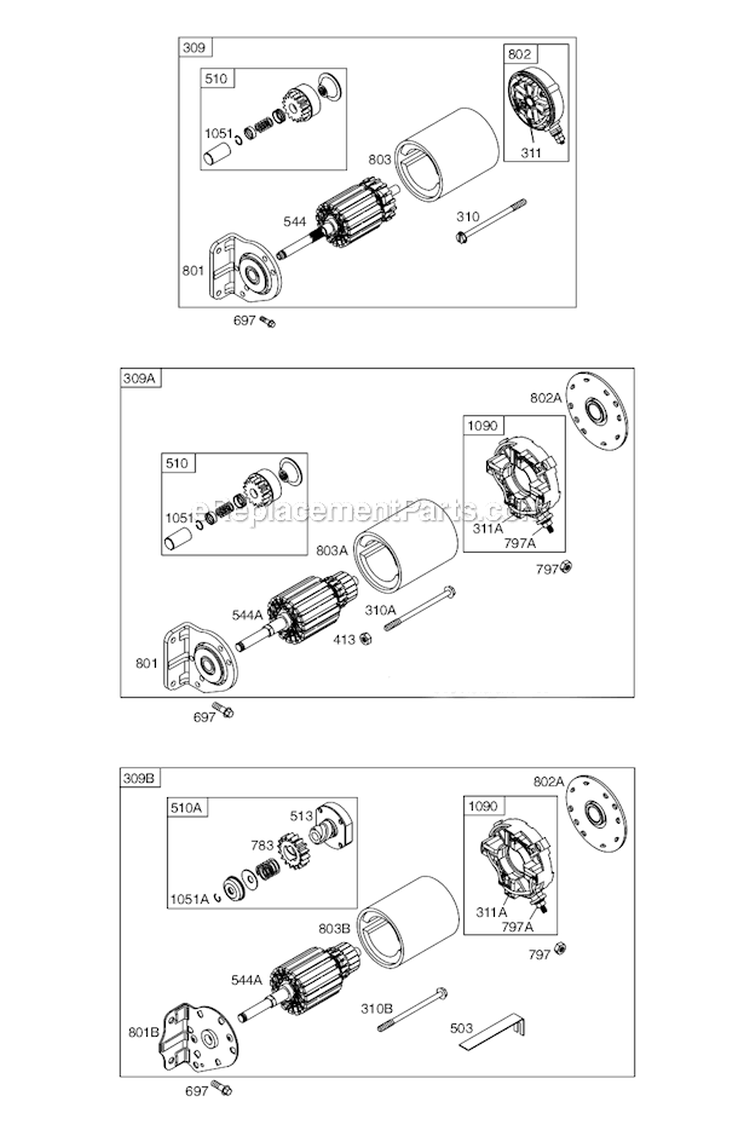 Rewind Starter Diagram and Parts List for 351447-1077-E1  Briggs and Stratton Engine